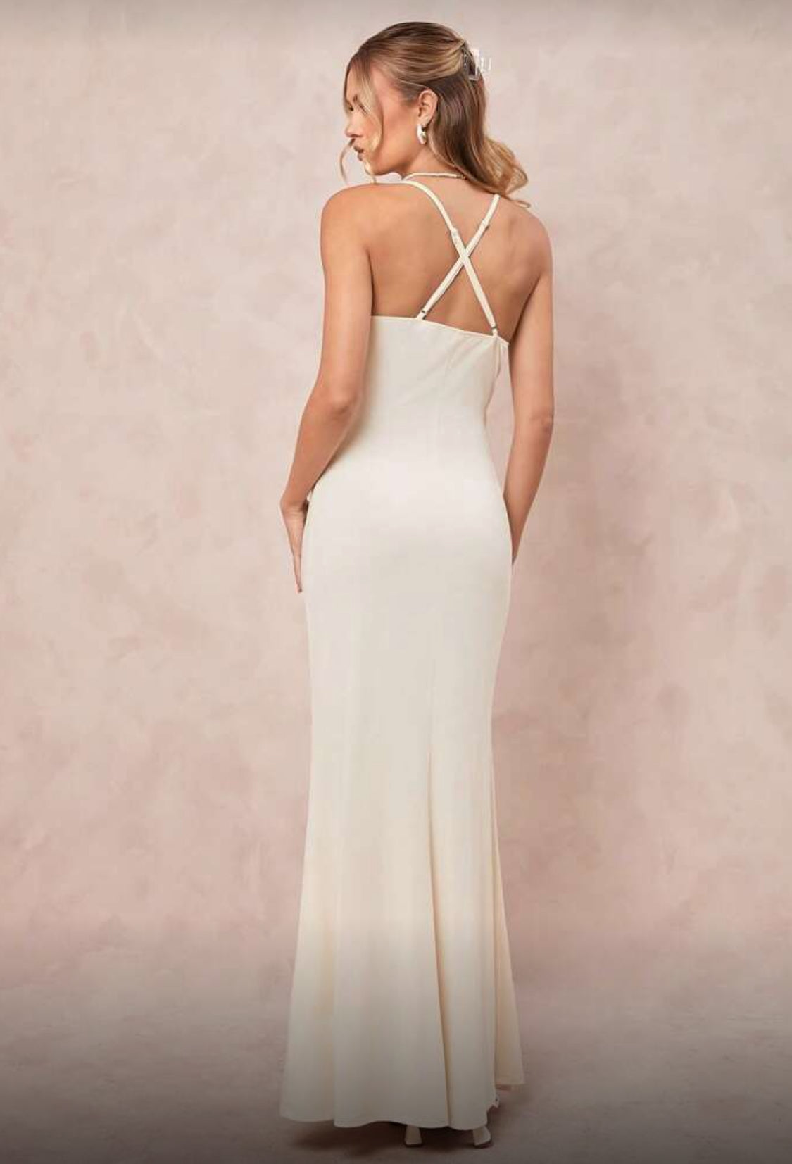 Amorya Elegant V-Neck Sphaghetti Strap Flower Long Dress (Apricot)