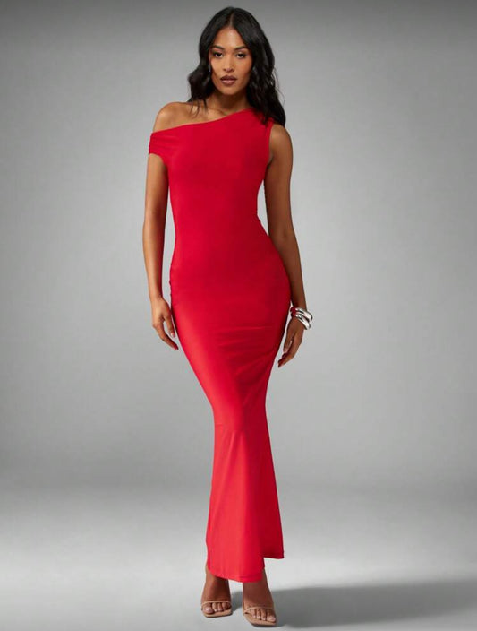 Salma Asymmetrical Long Lycra Blend Dress (Red)