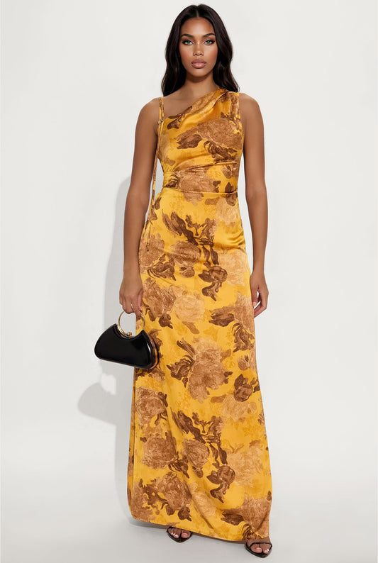Delphina One Shoulder Satin Maxi Dress (Yellow/Gold)