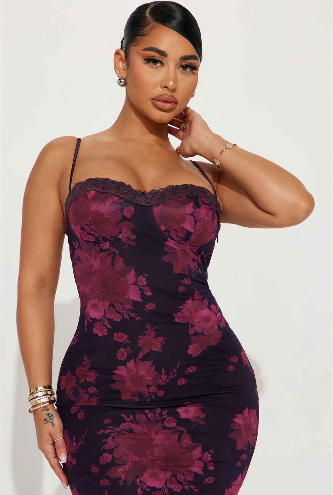 Enova Plus Floral Bustier Sphaghetti Straps Long Mesh Dress (Purple)