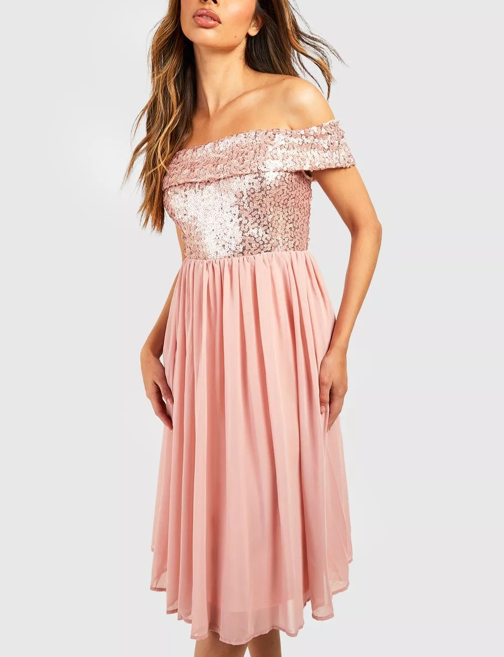 Bardot Sequin and Chiffon Midi Dress (Dusty Rose)