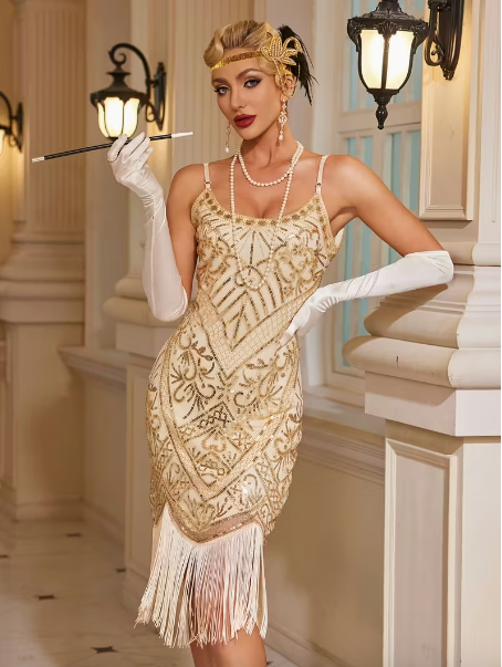 Luxe Straps Tassel Fringe Gatsby Dress- ( Gold/Champagne)