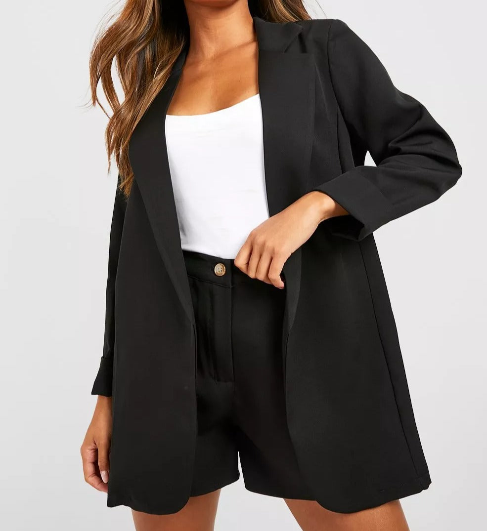 Oversized Basic Woven Turn Cuff Fit Blazer (Black)