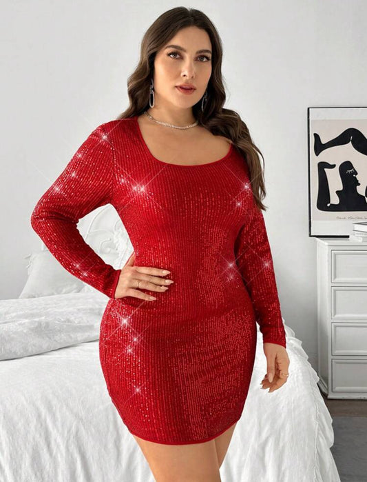 Cataluna Square Neck Plus Sequin Dress (Red)