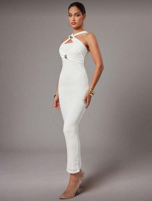 Zetra Buckle Bustier Bodycon Dress (White)