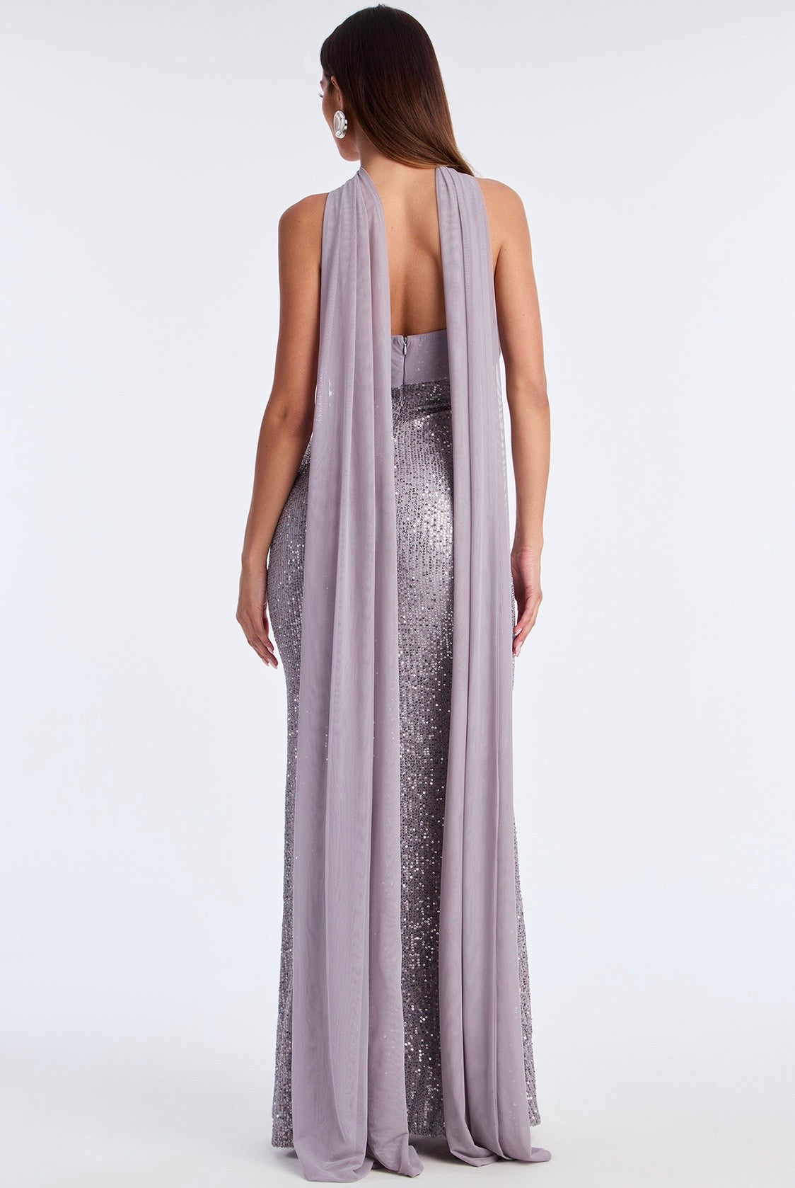 Amy Strapless Sequin Evening Dress with Long Neck Scarf (Grey)