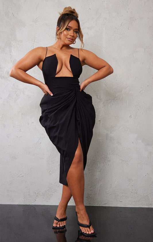 Beyonce Cut Out Detail Ruched Chiffon Dress (Black)