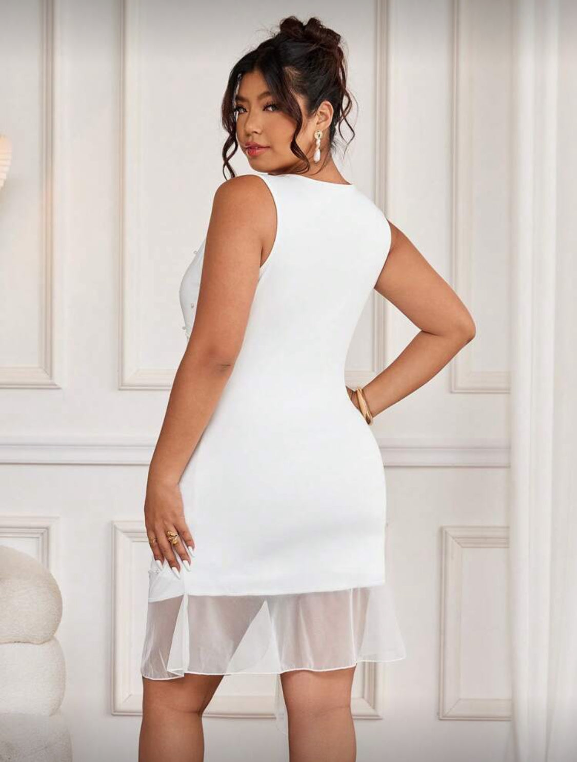 Ellen Plus Size Round Neck with Pearls Mesh Dress (White)