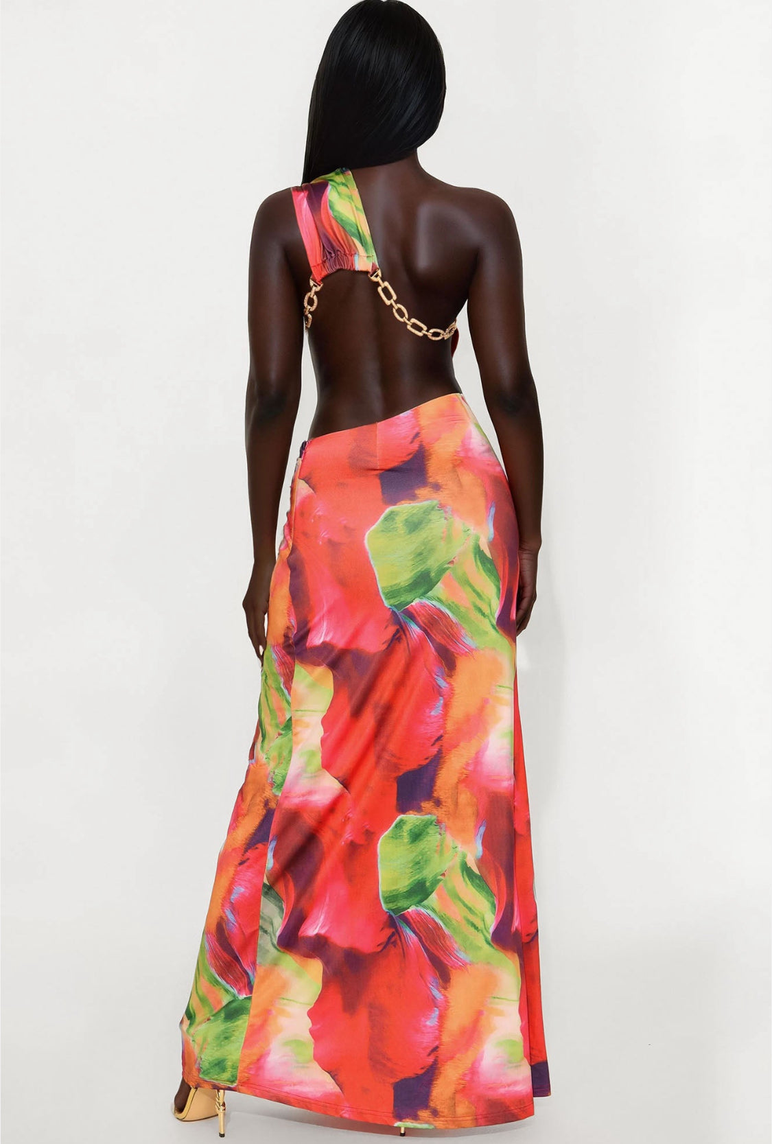 Gaby Chain Abstract Backless Maxi Dress (Orange/Green)
