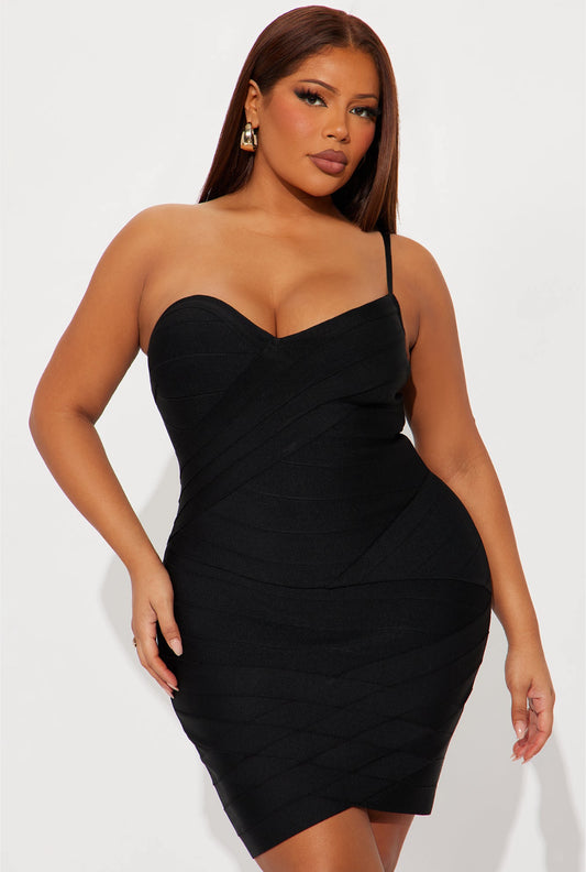 Heather Bandage One Shoulder Strap Mini Mesh Dress (Black)