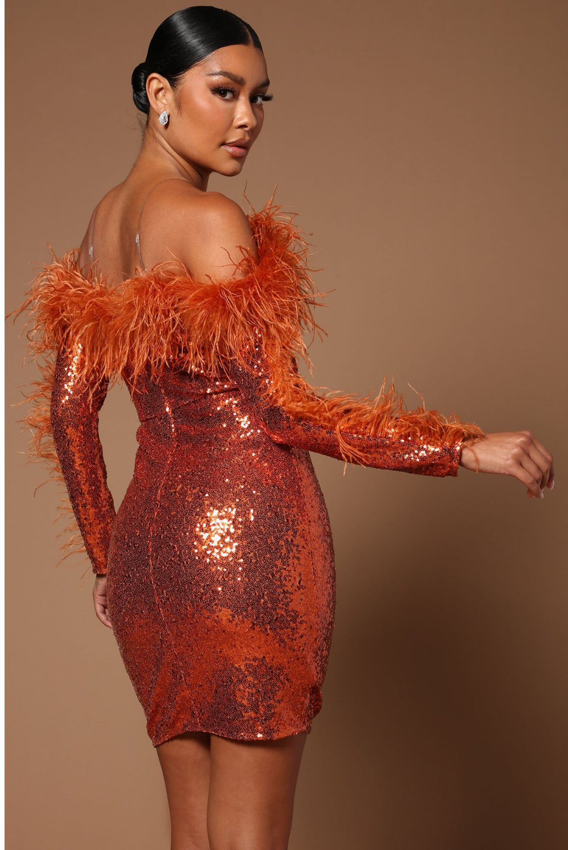 Flame Fluffy Long Sleeves Midi Dress (Orange)