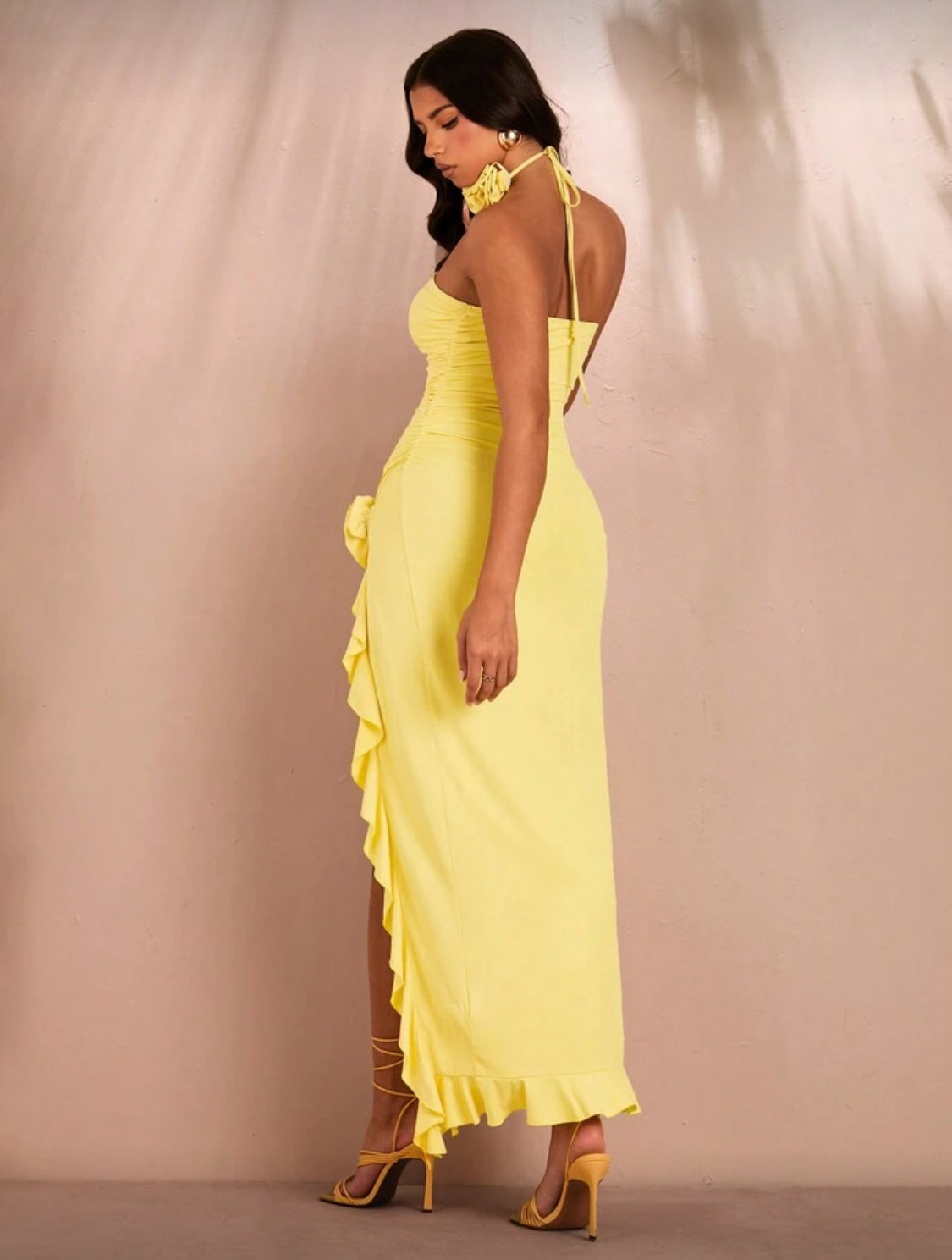 Bees Ruffles Flower Collar Bustier Long Dress (Yellow)