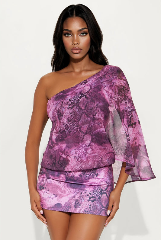 Darcia Snake Print One Shoulder Long Sleeves Chiffon Lycra Mini Dress (Purple)