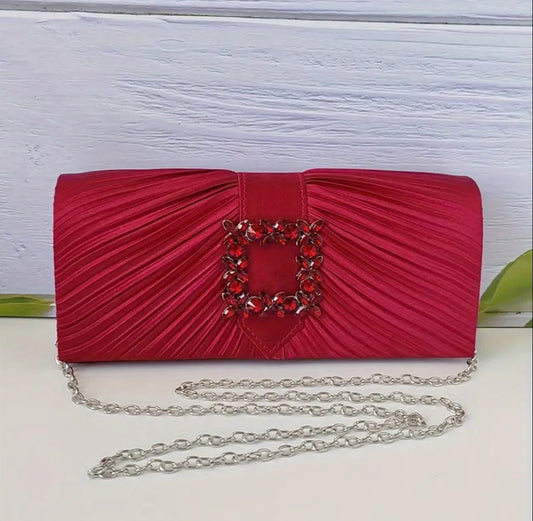 Ephelia Pleated Satin Clutch Bag (Red)
