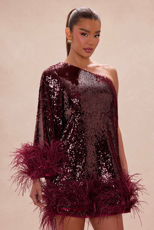 Fenty Sequin Feathered Mini Dress (Burgundy)