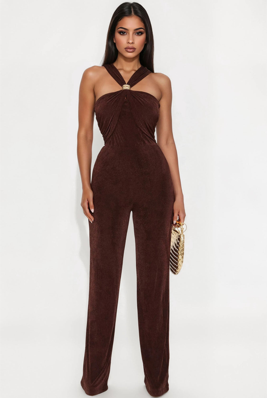 Vivia Slinky Wide Leg Jumpsuit (Brown)