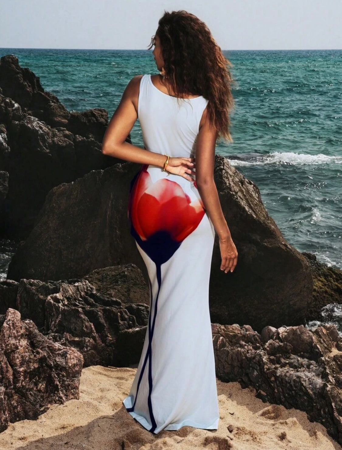 Gizelle Floral Off Shoulder Cowl Dress (White/Red)