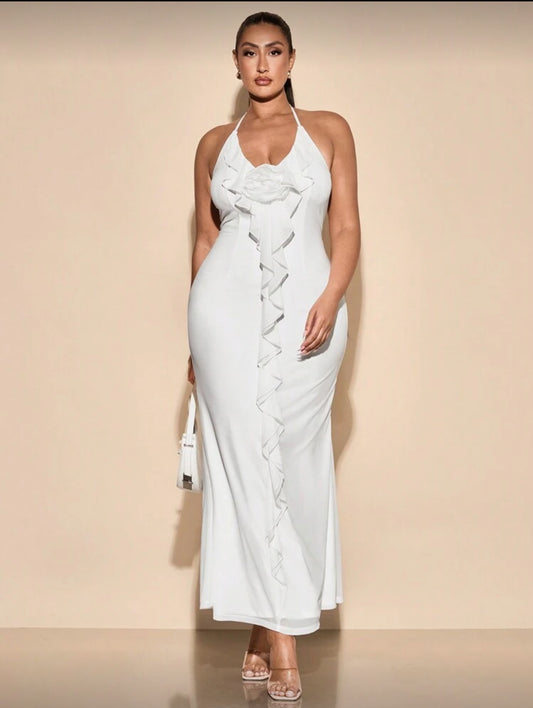 Iris Plus Size Halter Ruffle Long Dress (White)