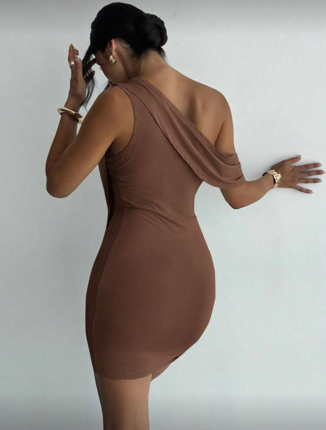 Oro Chocolate Draped Asymetrical Short Dress (Brown)