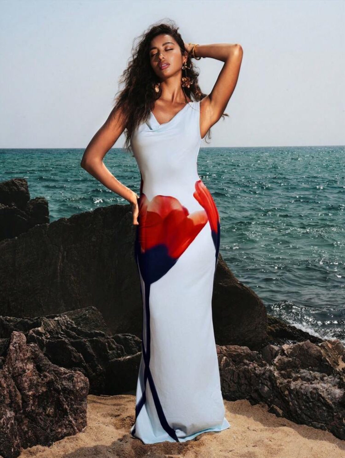 Gizelle Floral Off Shoulder Cowl Dress (White/Red)