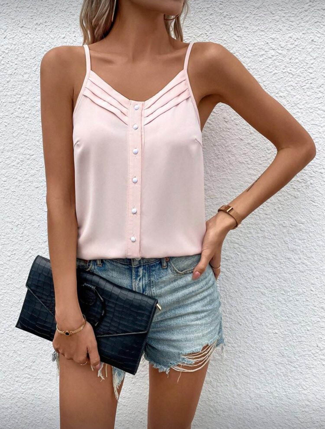 Fold Pleated Button Front Cami Top (Baby Pink)