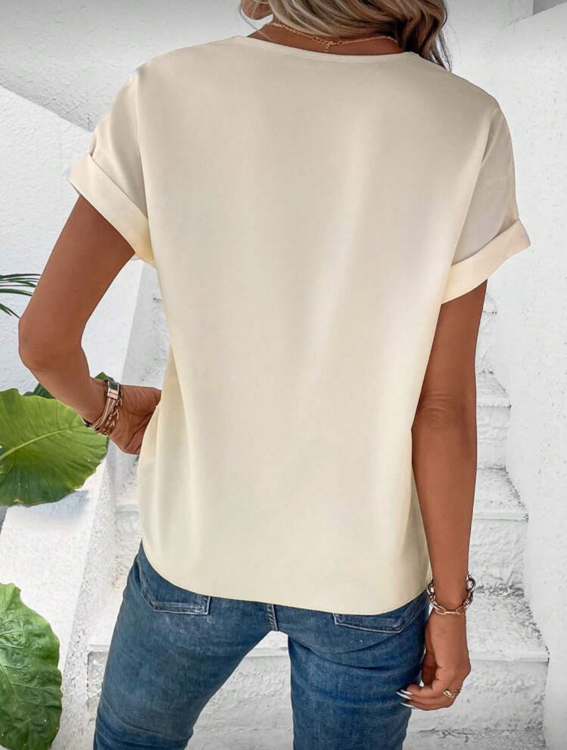 Contrast trim batwing sleeves blouse (Beige)