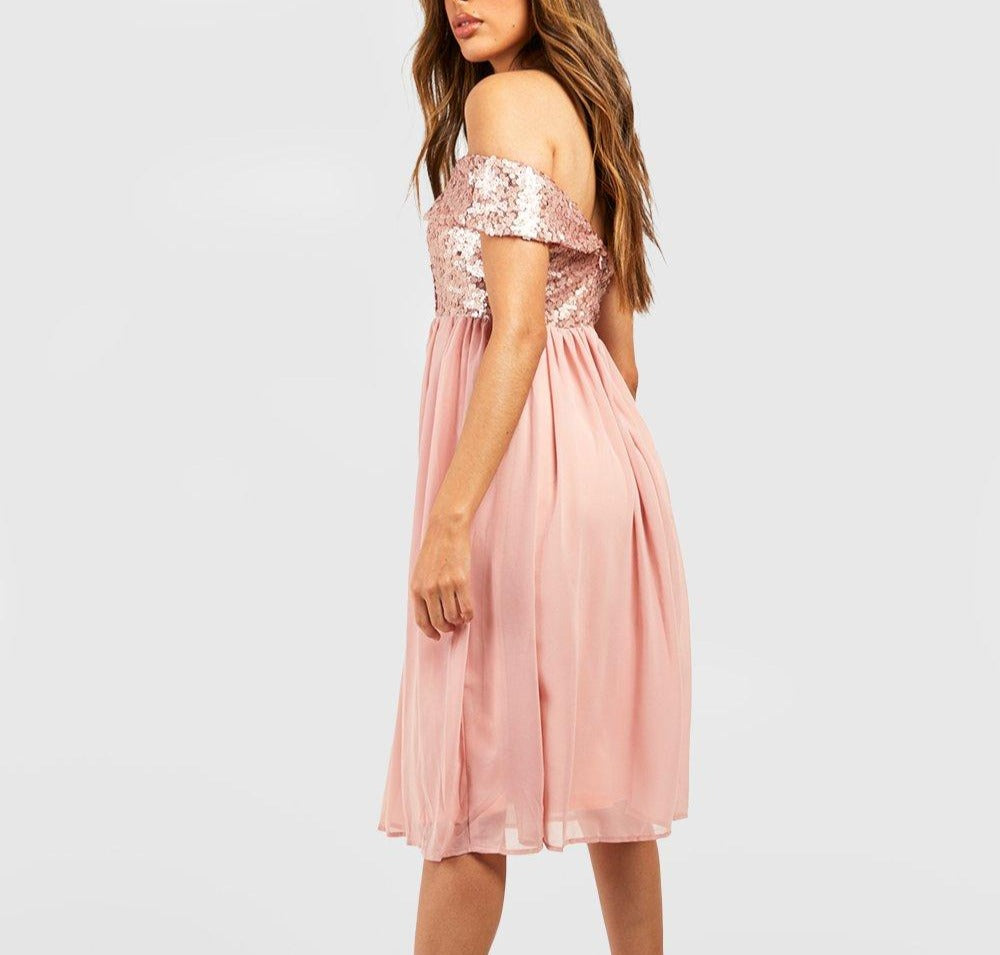 Bardot Sequin and Chiffon Midi Dress (Dusty Rose)