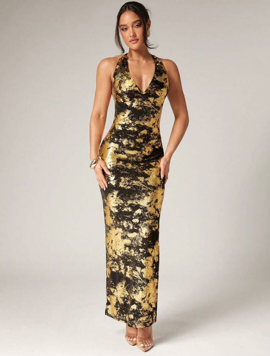 Betz Fav Low Neck Foil Dress (Black/ Gold)