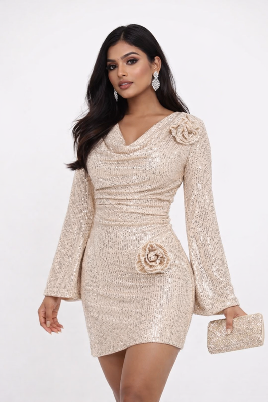 Tina Flower Long Sleeves Sequin Dress (Beige)