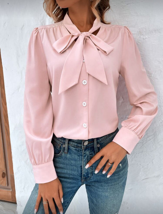Tie Neck Button Front Shirt Dusty Rose Blouse