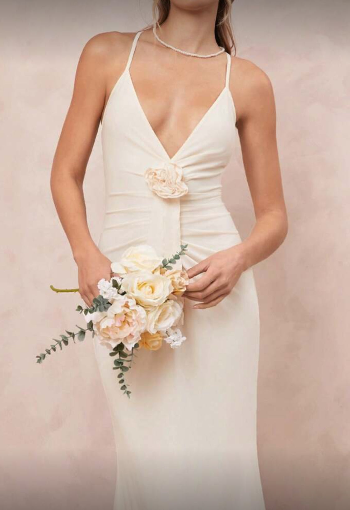 Amorya Elegant V-Neck Sphaghetti Strap Flower Long Dress (Apricot)