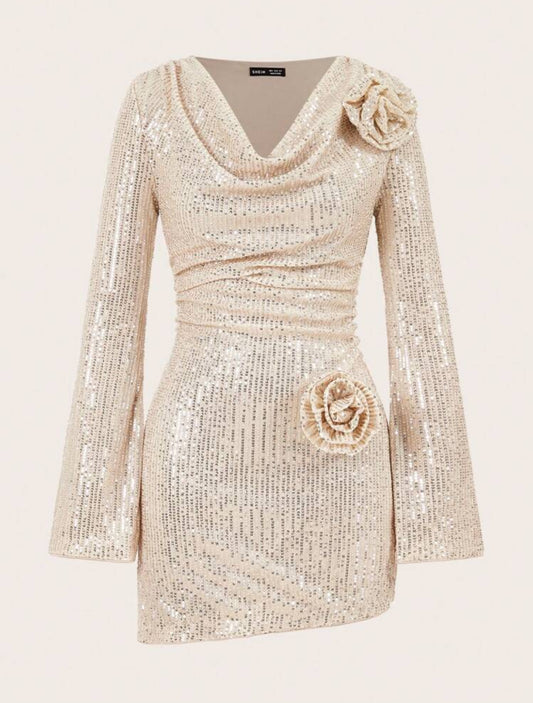 Tina Flower Long Sleeves Sequin Dress (Beige)