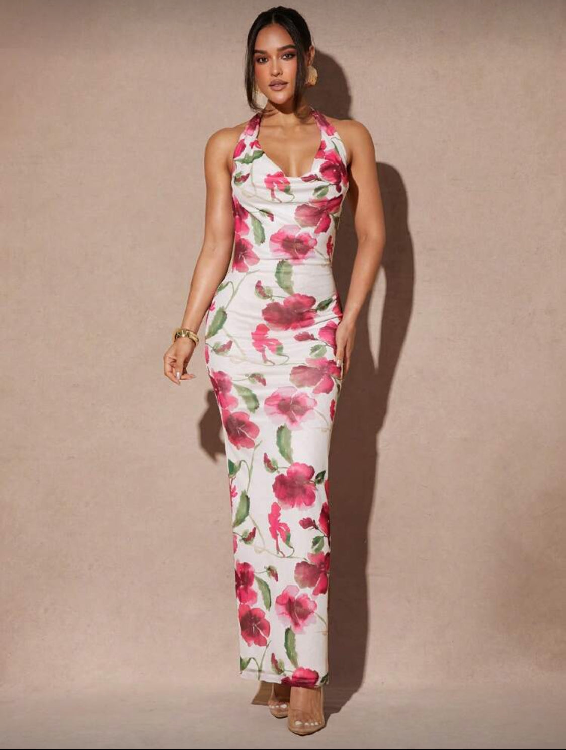 Sheridan Floral Halter Neck Mesh Dress (White/Pink)