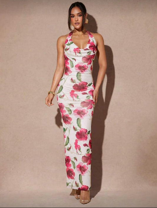 Sheridan Floral Halter Neck Mesh Dress (White/Pink)