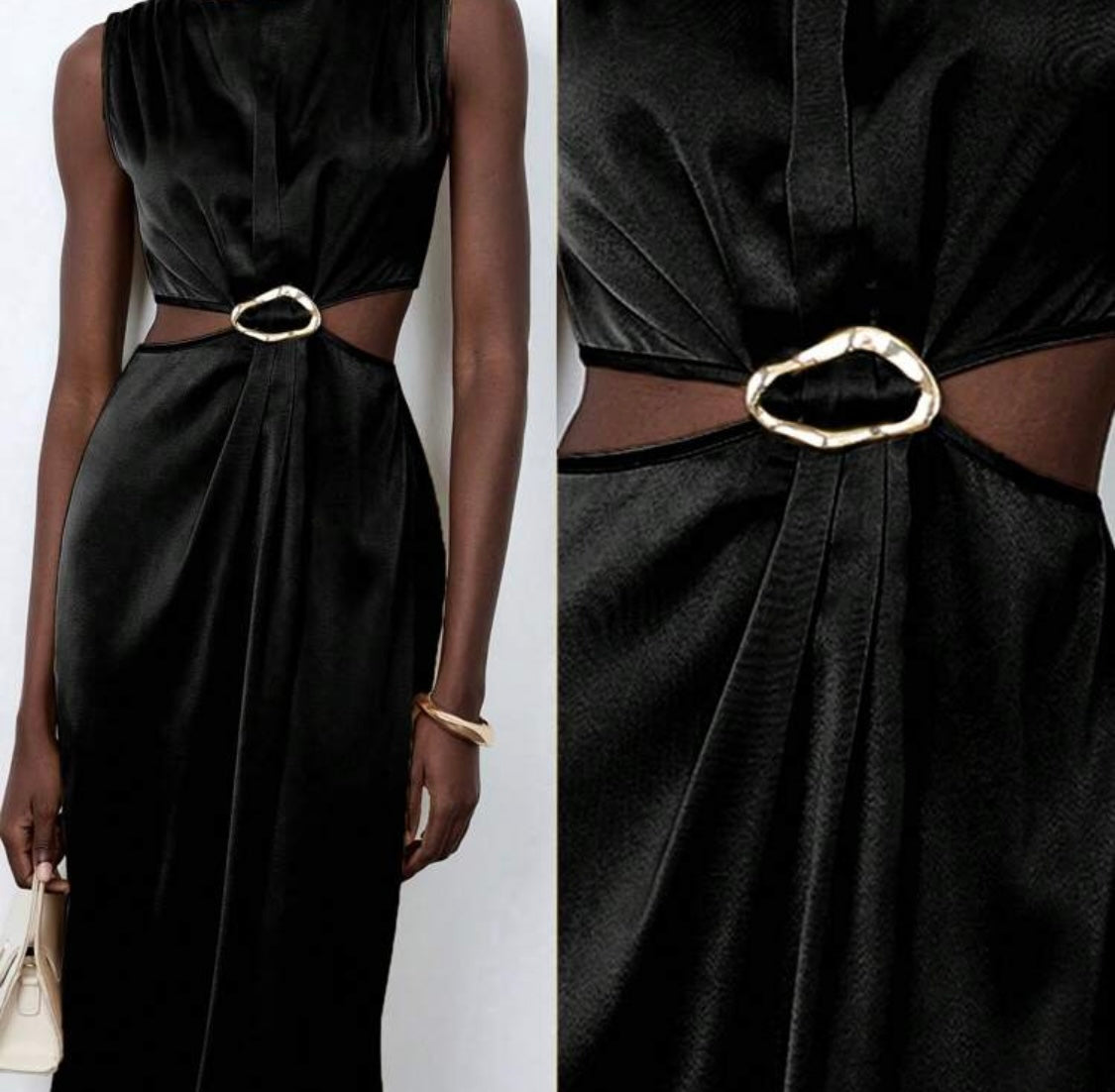Zara Inspired Wavy Buckle Cut Out Satin Dress (Black)