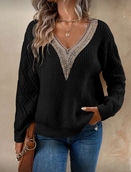 Guipure Lace Panel Pointelle Knit Drop Shoulder Sweater (Black)