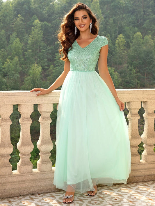 Contrast Sequin Mesh Prom Dress (Mint)