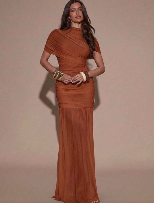 Amara Elegant Neck Ruched Mermaid Bottom Long Mesh Dress (Burnt Orange)