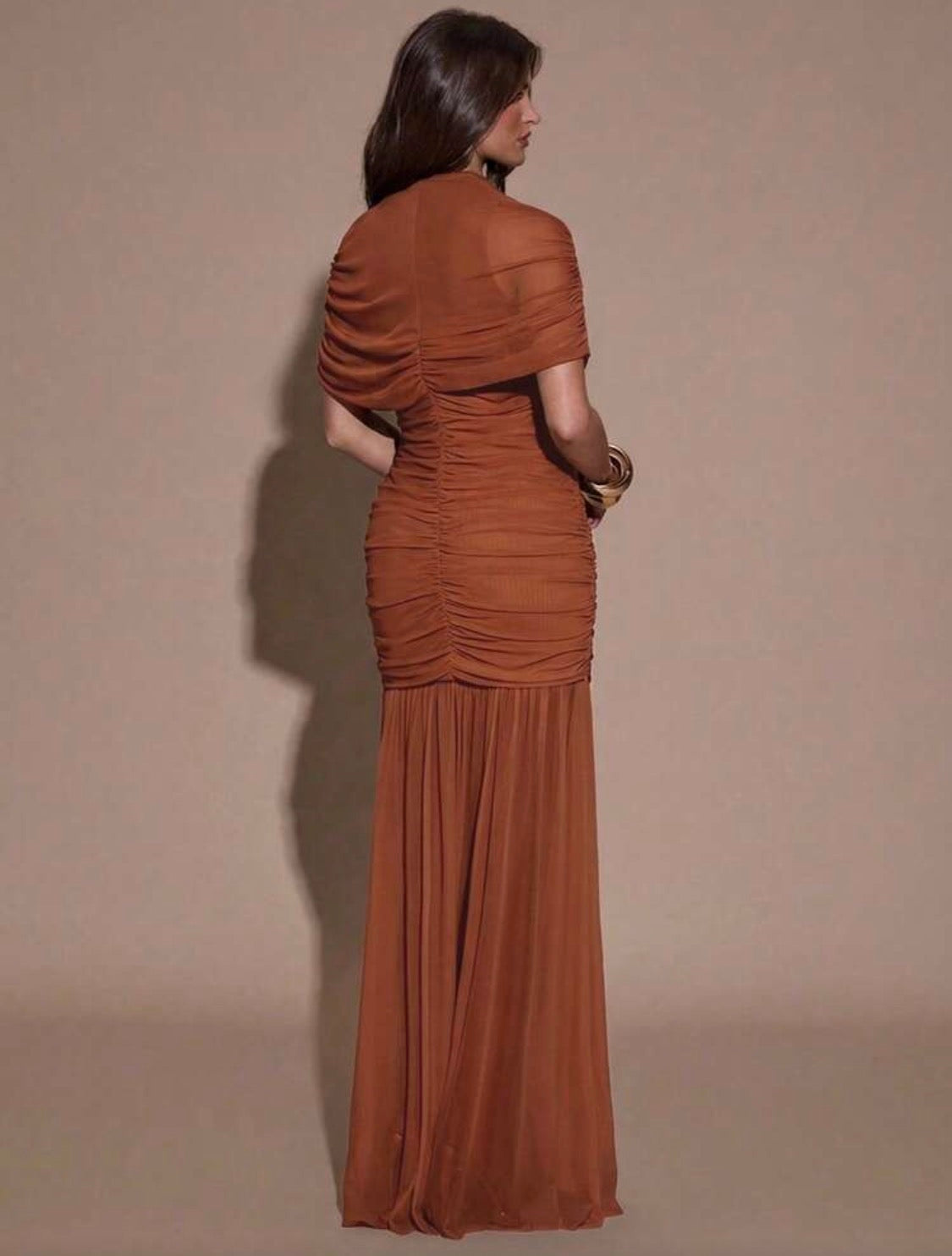 Amara Elegant Neck Ruched Mermaid Bottom Long Mesh Dress (Burnt Orange)