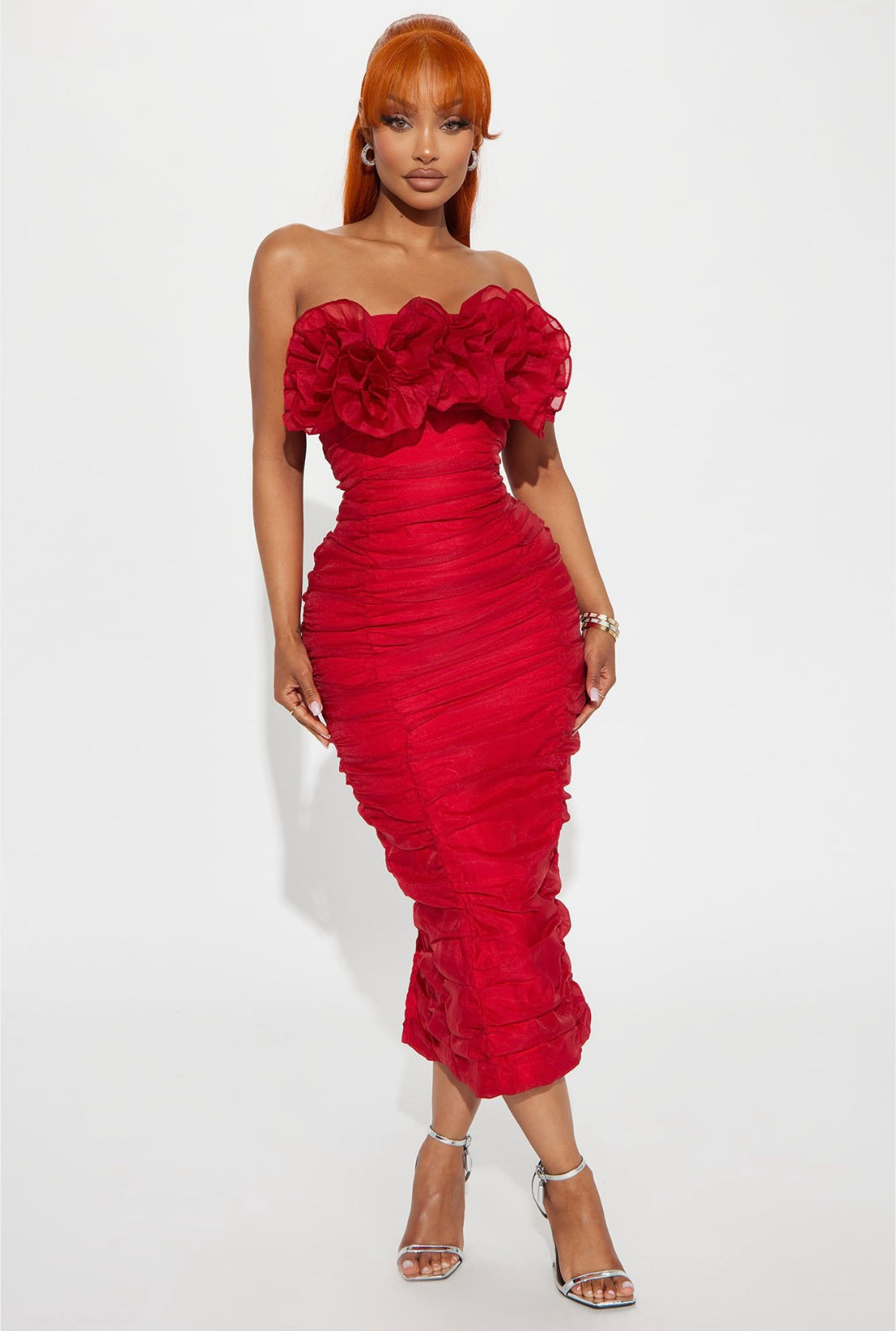 Lola 3D Flowers Bustier Organza Midi Dress (Red)