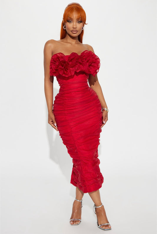 Lola 3D Flowers Bustier Organza Midi Dress (Red)