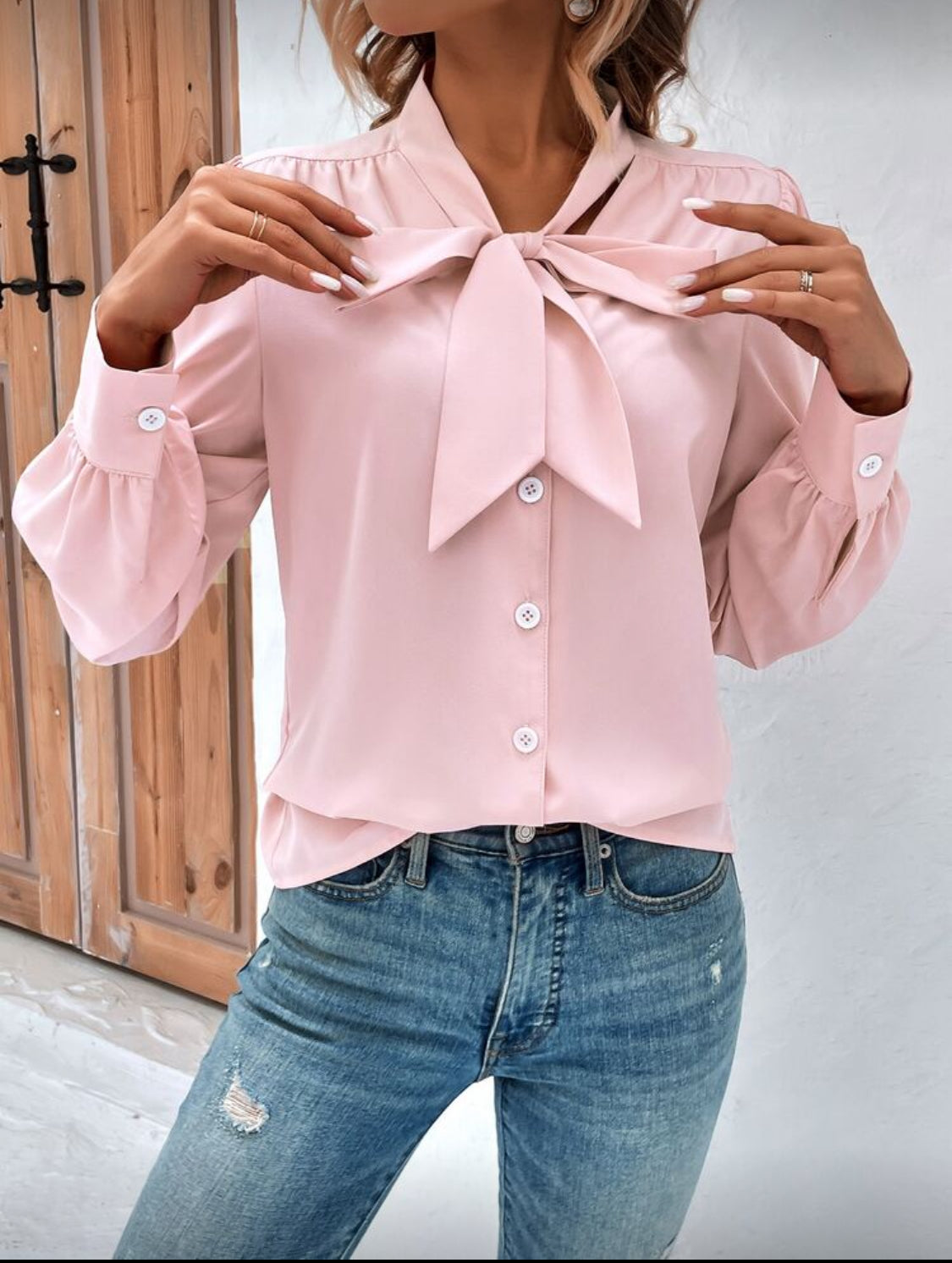 Tie Neck Button Front Shirt Dusty Rose Blouse