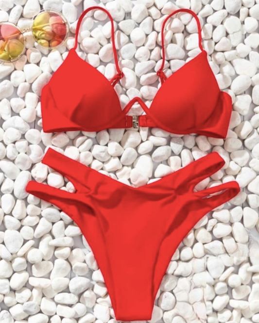 Solid Bikini Set Underwire Buckle Back Bra & Cut-Out High Cut Bottom (Red)