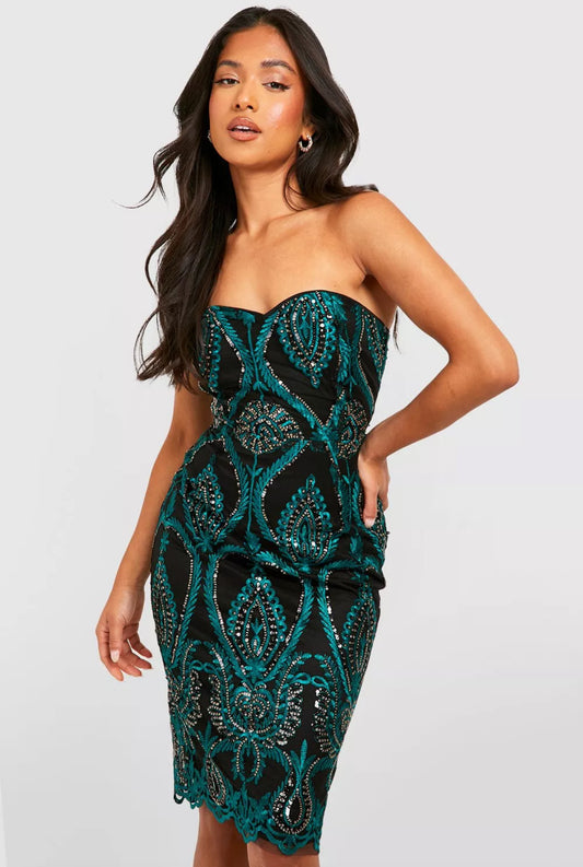 Chicago Bustier Bandot Lace Sequin Dress ( Emerald Green)