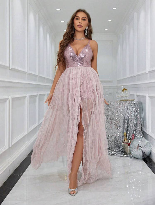 Bella Rosa Sequin Body High Split Dress (Dusty Rose)