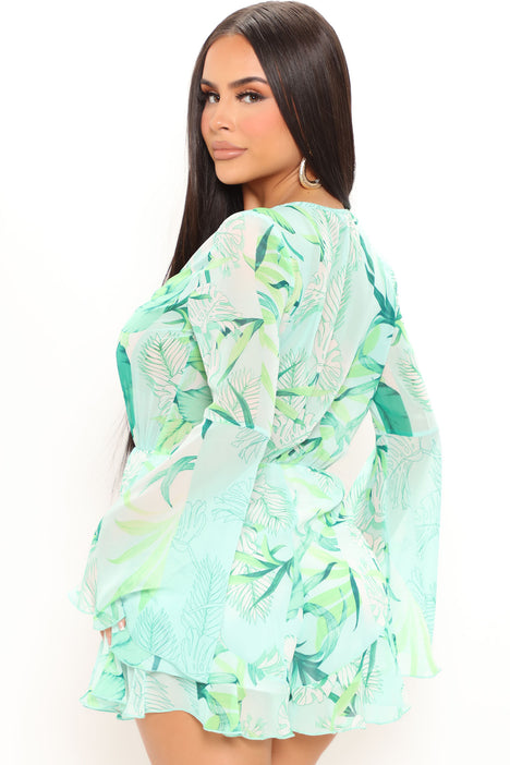 Tropical Getaway Long Sleeves Chiffon Romper (Green)
