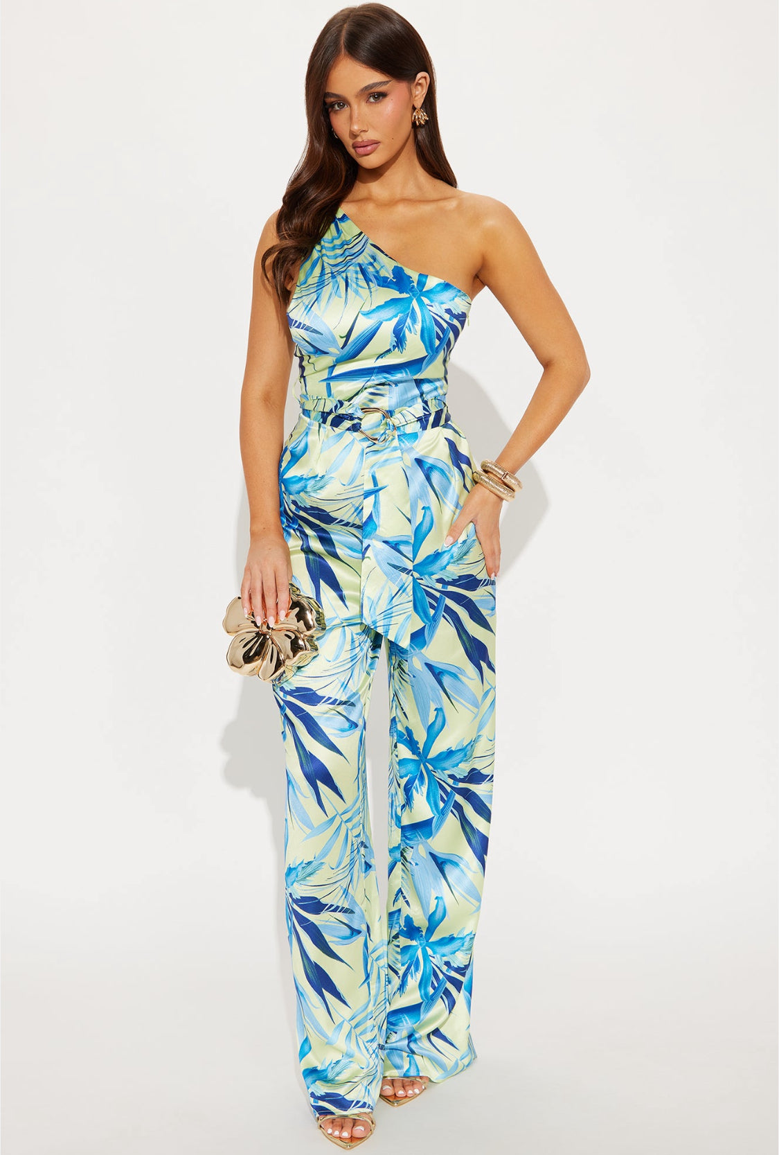 Fiji Satin Buckle Backless One Shoulder Satin Jumpsuit- (Blue/ Green)
