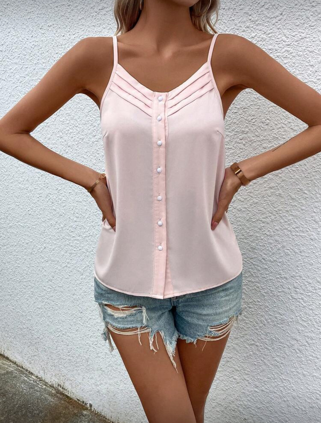Fold Pleated Button Front Cami Top (Baby Pink)