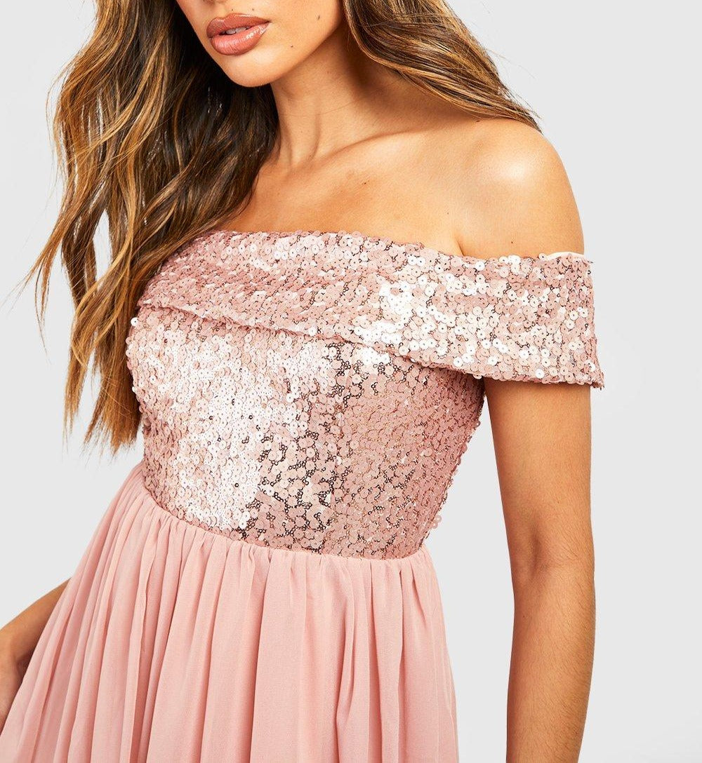 Bardot Sequin and Chiffon Midi Dress (Dusty Rose)
