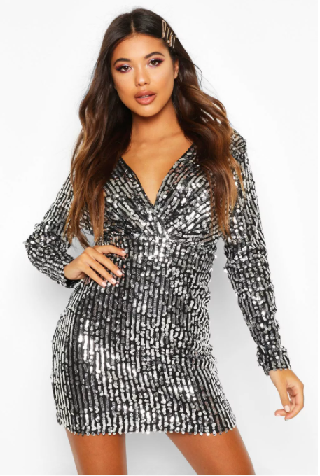 Stripe Sequin Long Sleeves Wrap Bodycon (Silver)